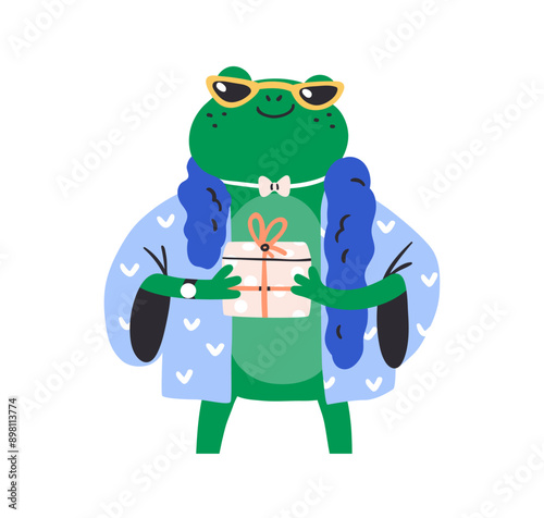 Funny modern frog in sunglasses, presenting birthday gift. Stylish anthropomo...