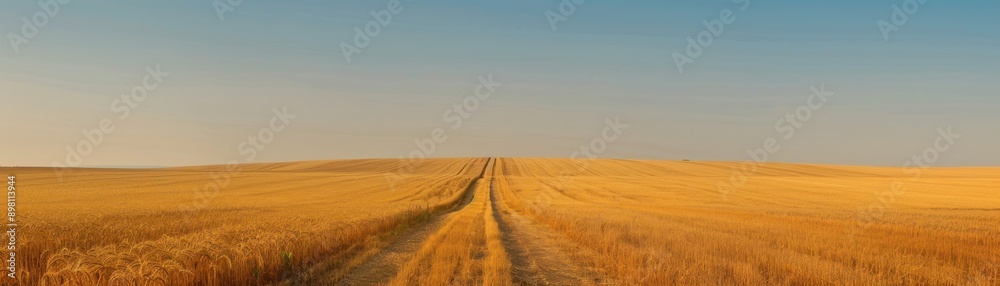 Endless wheat field with a dirt path under a blue sky, showcasing the expansive beauty and tranquility of rural landscapes. Endless wheat field with a dirt path under a blue sky, showcasing the expansive beauty and tranquility of rural landscapes.