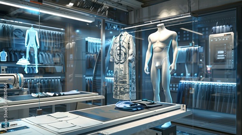 digital tailoring shop where custom clothing is designed using body scanning technology and fabricated with automated sewing machines