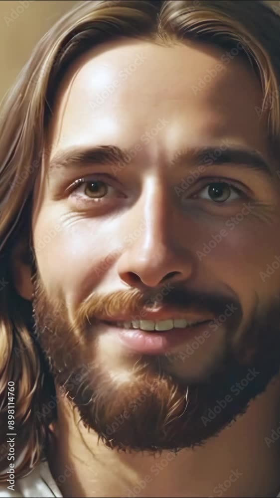 Jesus Christ face smiling portrait animation -- 4k 9x16 vertical stock video footage AI Jesus Christ face smiling portrait animation -- 4k 9x16 vertical stock video footage AI