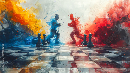 Clash of Minds and Fists: Chess Boxing Match with Vivid Watercolor Effects photo