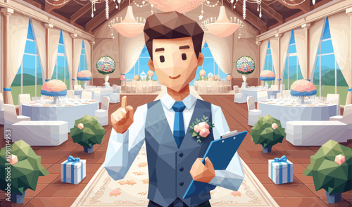 Low polygon of a wedding planner, character is in a wedding venue, coordinating the event with a clipboard, vector illustration
