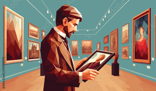 Low polygon of a curator, character is in an art gallery, examining a piece of art with thoughtful expression, vector illustration