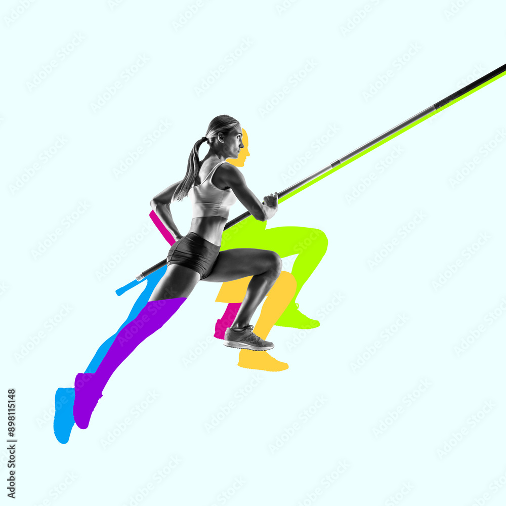 Focused athletic woman in motion, pole vaulter running and getting ready to perform high jump. Perfect technique. Contemporary art collage. Concept of sport, athletics, endurance, speed, competition Focused athletic woman in motion, pole vaulter running and getting ready to perform high jump. Perfect technique. Contemporary art collage. Concept of sport, athletics, endurance, speed, competition