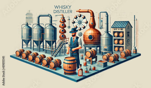 Low polygon of a whisky distiller, character in a factory, working with barrels and distillation equipment, vintage style