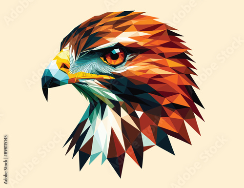 Low polygon of common buzzard hawk isolated on beige background, vector illustration, wild animal theme