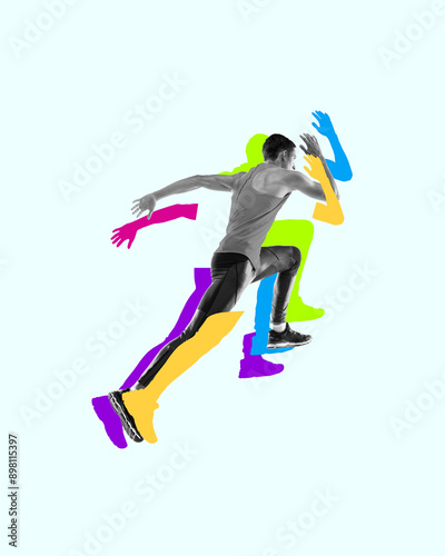 Mid-sprint, the athlete embodies speed and power, athletic man in motion, running. Contemporary art collage. Concept of sport, athletics, endurance, speed, energy, competition