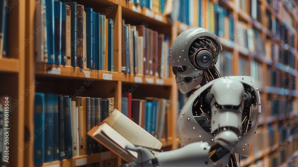 An artificial intelligence stands in a library, holding a book open in its robotic hand. Generative AI An artificial intelligence stands in a library, holding a book open in its robotic hand. Generative AI