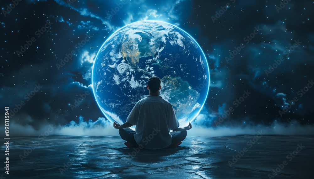 Meditation man sits in lotus position against the background of space and holds planet earth in his hands. Meditation in space. Meditation man sits in lotus position against the background of space and holds planet earth in his hands. Meditation in space.