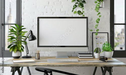 Modern home office setup with computer plants and stylish desk a photo