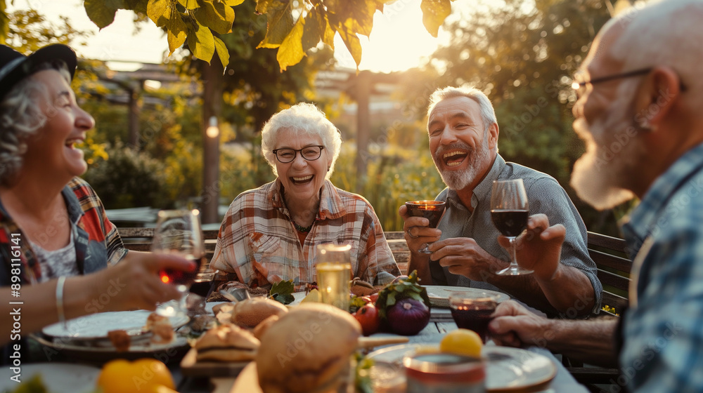 A group of older people are sitting around a table, laughing A group of older people are sitting around a table, laughing