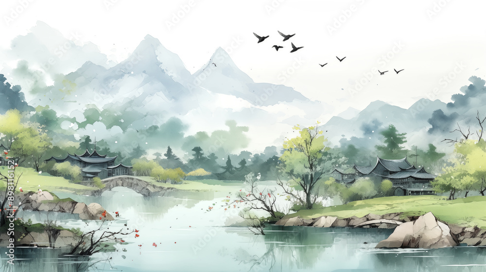 Naklejka premium Water color painting of Spring scenery illustration with green mountain, Chinese drawing style