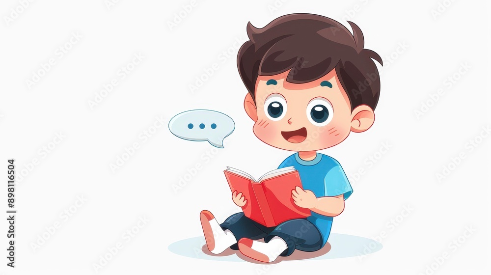 A joyful boy reads a book, sharing his thoughts in a speech bubble, capturing the magic of stories and imagination. A joyful boy reads a book, sharing his thoughts in a speech bubble, capturing the magic of stories and imagination.