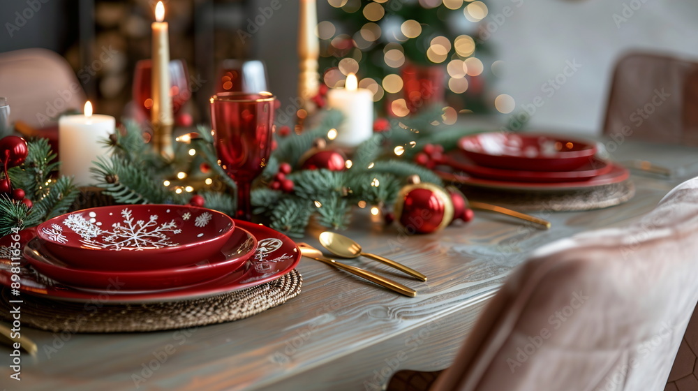 The dining room set for Christmas with a festive tablecloth, a centerpiece of pine branches and candles, and place settings including red plates and gold cutlery. Christmas, New Year decorations The dining room set for Christmas with a festive tablecloth, a centerpiece of pine branches and candles, and place settings including red plates and gold cutlery. Christmas, New Year decorations