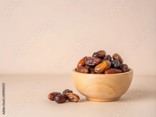 Dates in wooden bowl front view