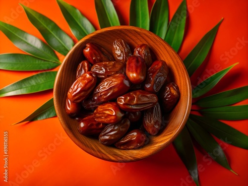 Table top view image of decoration Ramadan Kareem, dates fruit in bowl orange background. Flat lay