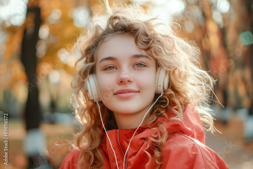 Young beautiful blonde woman with headphones walking in autumn park. Autumn park, yellow leaves, autumn atmosphere