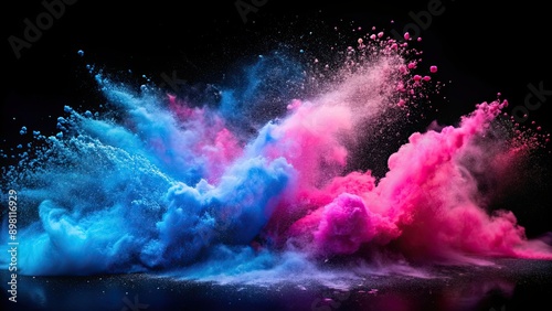 Vibrant pink and blue powder splash floating in the air against a black background, powder, vibrant, pink, blue, splash