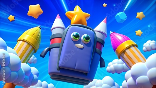 pencils and backpack flying like rocket back to school concept