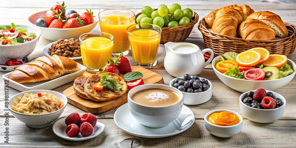 Breakfast table setting with a variety of delicious food options , morning, brunch, meal, dining, tableware, crockery Breakfast table setting with a variety of delicious food options , morning, brunch, meal, dining, tableware, crockery