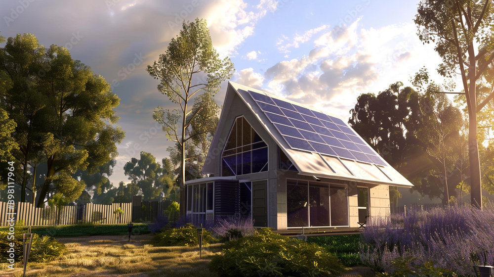 A modern house equipped with solar panels on the roof, showcasing sustainable living and renewable energy integration in residential architecture. A modern house equipped with solar panels on the roof, showcasing sustainable living and renewable energy integration in residential architecture.