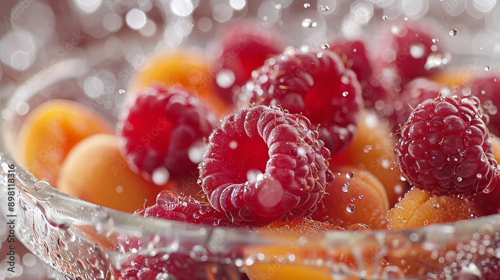 Raspberries and Apricots in a Bowl With Water Droplets Raspberries and Apricots in a Bowl With Water Droplets