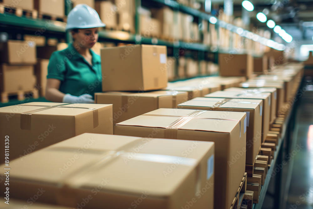 A woman is working in a warehouse, surrounded by boxes. The boxes are stacked in rows. A woman is working in a warehouse, surrounded by boxes. The boxes are stacked in rows.