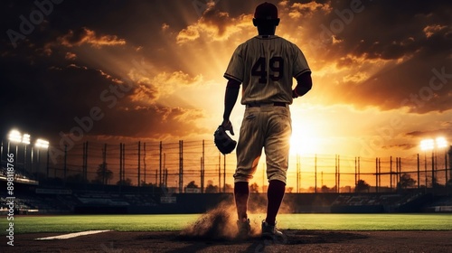 Professional Baseball Player. High quality, beautiful double exposure combining the silhouette of a baseball player with the sunset over a baseball field.