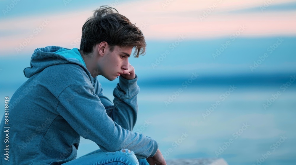An introspective man pondering by the water at sunset, displaying feelings of sadness and contemplation.