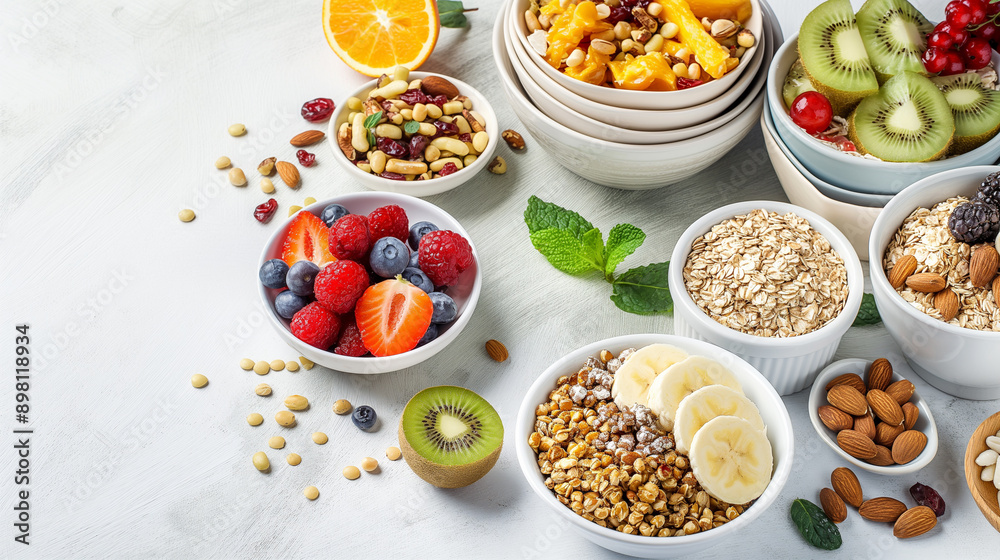 A variety of fruits and nuts are displayed in bowls on a white table A variety of fruits and nuts are displayed in bowls on a white table