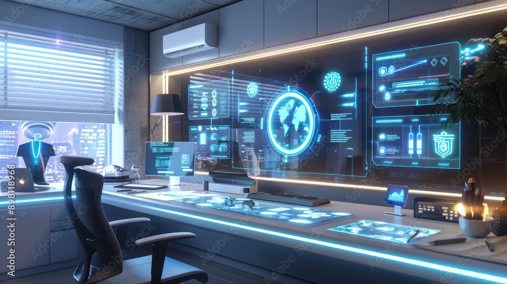Fototapeta premium futuristic home office setup with holographic displays and AI assistants helping manage daily tasks and meetings