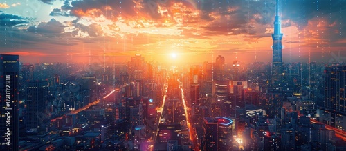 Stunning Sunset Over Modern Cityscape with Skyscrapers and Vibrant Lights