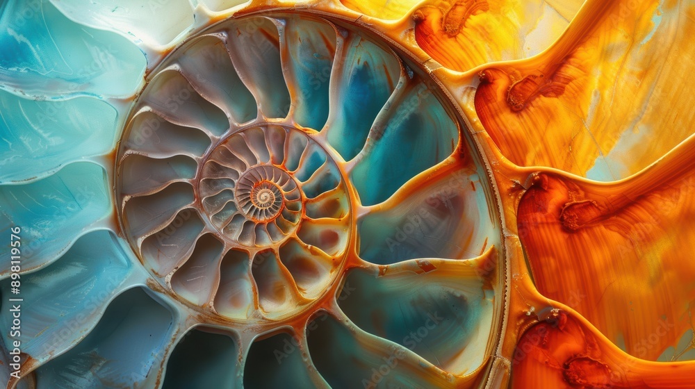 Nautilus shell in an abstract setting, with a closeup on its detailed spiral. The shell's patterns are a beautiful display of nature. Nautilus shell in an abstract setting, with a closeup on its detailed spiral. The shell's patterns are a beautiful display of nature.