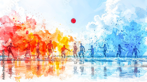 Dynamic Bossaball Match in Watercolor Style with Vibrant Crowd and Sunlit Waves photo