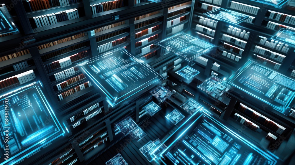 Obraz premium futuristic library where readers access millions of books and documents through digital tablets that provide interactive content and translations