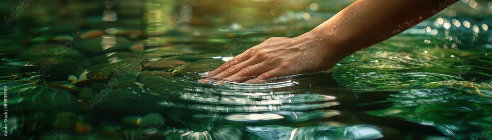 Fototapeta premium Gentle Hand Touching Calm Water Surface in Serene Natural Setting with Sunlight Reflections