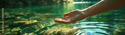 Hand Reaching into Clear Water in a Serene Natural Setting with Sunlight Reflections