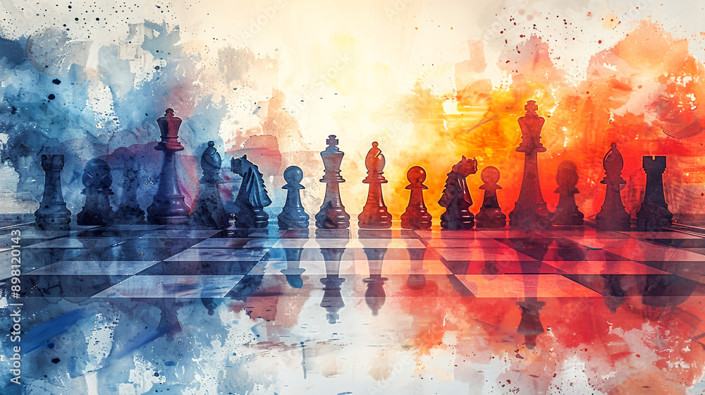 Obraz premium Dynamic Watercolor Chess Boxing - Spectacular Scene of Players and Board in Vibrant Patterns | Chess Boxing in Watercolor Style