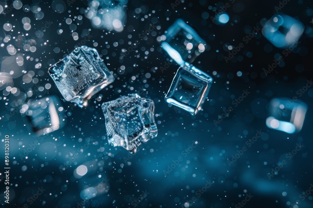 Glowing ice cubes falling against a sparkling blue background create a visually captivating scene. Glowing ice cubes falling against a sparkling blue background create a visually captivating scene.