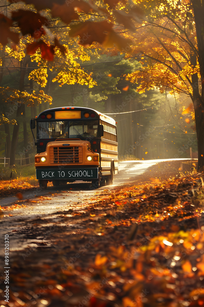 Obraz premium Yellow school bus on the road in the autumn countryside and sunset in the background. Back to School and education concept.