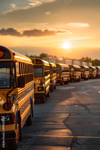 Endless rows of school buses on the large parking lot and sunshine in the background. Back to School, transportation and education concept.