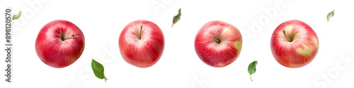 Four red apples with green leaves arranged in a row on a white background. The image showcases the apples from different angles vector illustration
