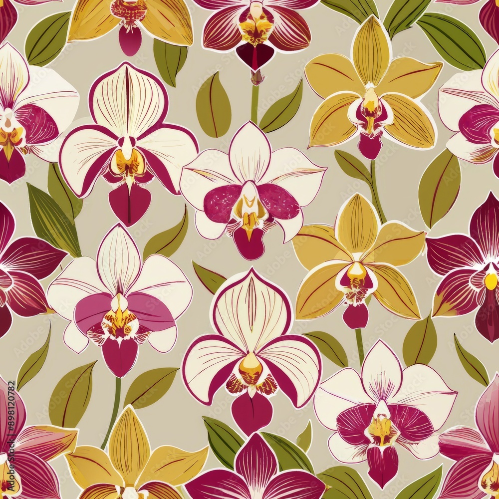 Obraz premium Seamless pattern of artistic interpretations of orchids, Generative AI