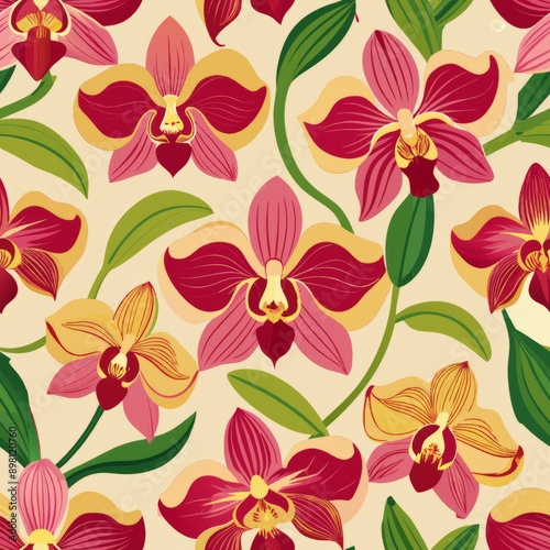 Seamless pattern of artistic interpretations of orchids, Generative AI