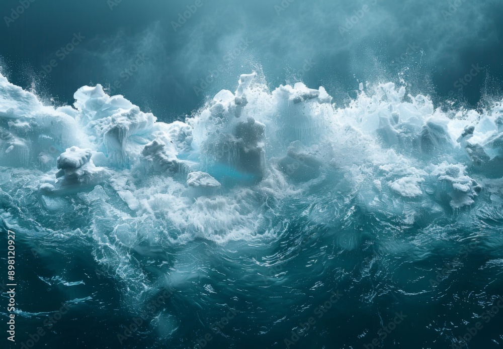 A detailed view of melting icebergs breaking apart and floating in the sea A detailed view of melting icebergs breaking apart and floating in the sea