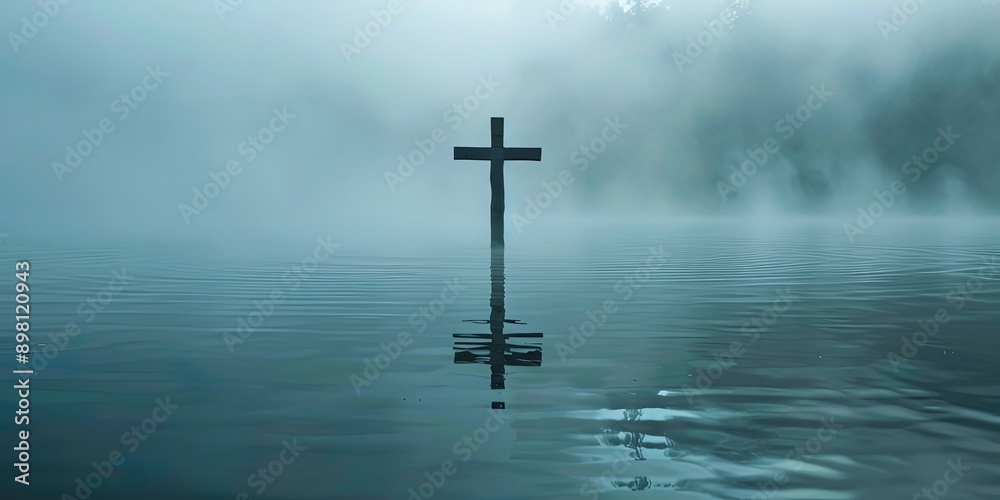Solitary Cross Over Misty Water at Dawn Solitary Cross Over Misty Water at Dawn