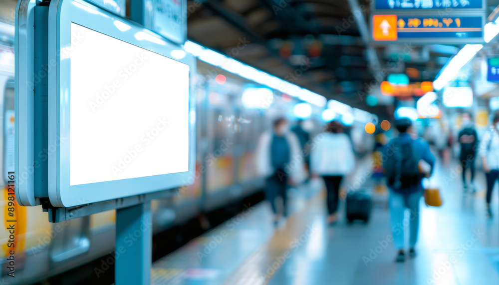 Blank White Billboard Mockup Amidst Busy Train Station Platform Crowd Blank White Billboard Mockup Amidst Busy Train Station Platform Crowd