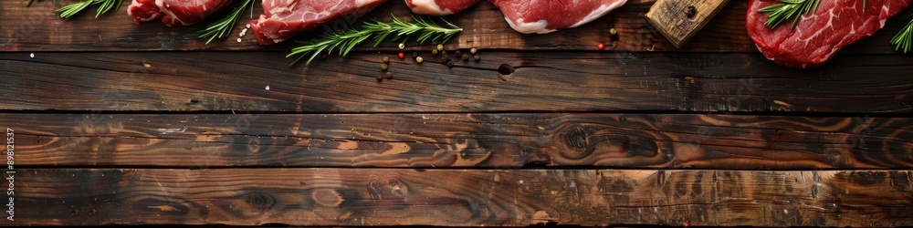 Selection of Assorted Fresh Cuts of Raw Meat with Tomatoes, Oranges, and Herbs on a Wooden Board Selection of Assorted Fresh Cuts of Raw Meat with Tomatoes, Oranges, and Herbs on a Wooden Board
