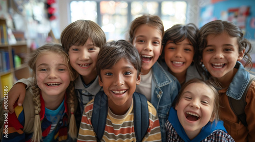 Happy group of diverse children smiling in a colorful classroom with vibrant decorations