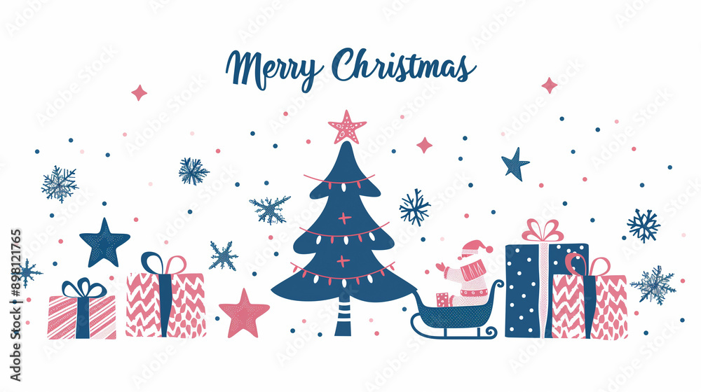Christmas card with small tree, sleigh with presents and stars in the sky. The text Christmas card with small tree, sleigh with presents and stars in the sky. The text